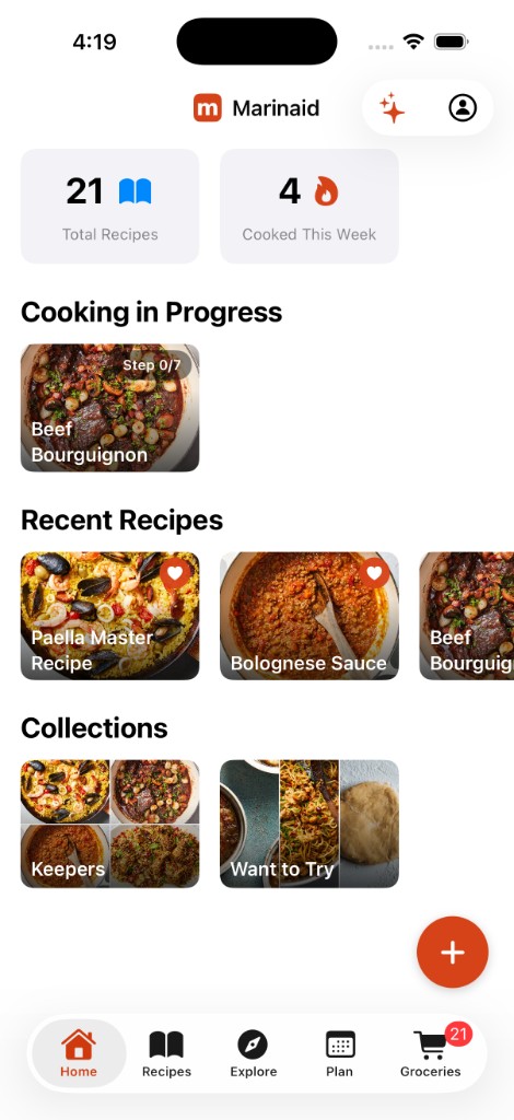 Marinaid home screen showing recent recipes and collections