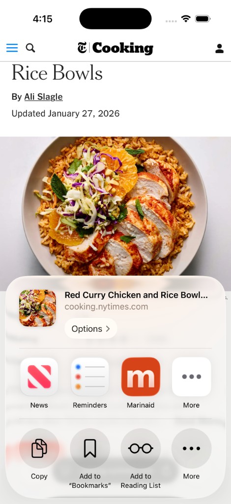 Marinaid share sheet import from NYT Cooking